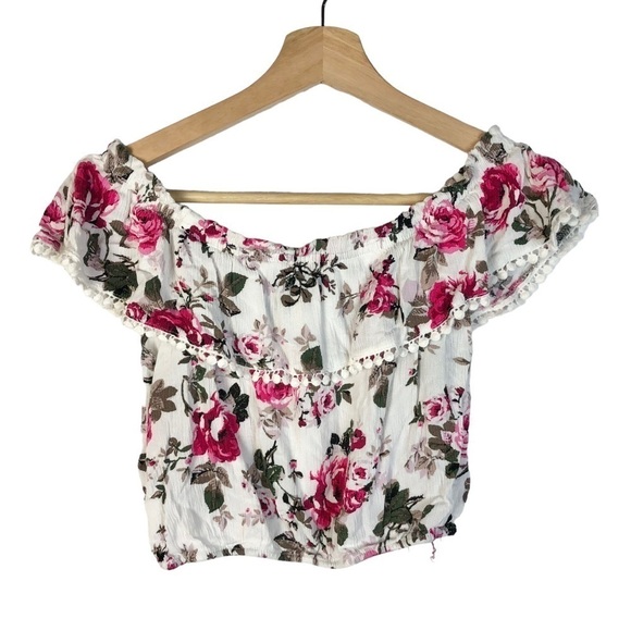 Ambiance White & Pink Floral Off Shoulder Cropped Top S - Picture 1 of 4